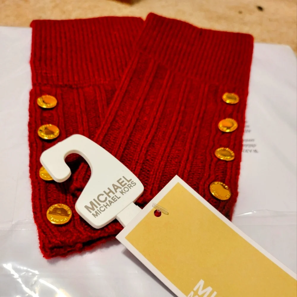 Michae Kors Red Knit Gloves with Gold Buttons